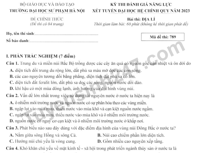 Đề thi đánh giá năng lực ĐH Sư phạm Hà Nội 2023 môn Địa - Có đáp án
