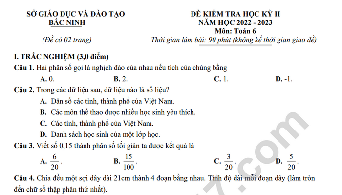 Đề đua kì 2 môn Toán lớp 6 - tỉnh Tỉnh Bắc Ninh 2023 (Có đáp án)