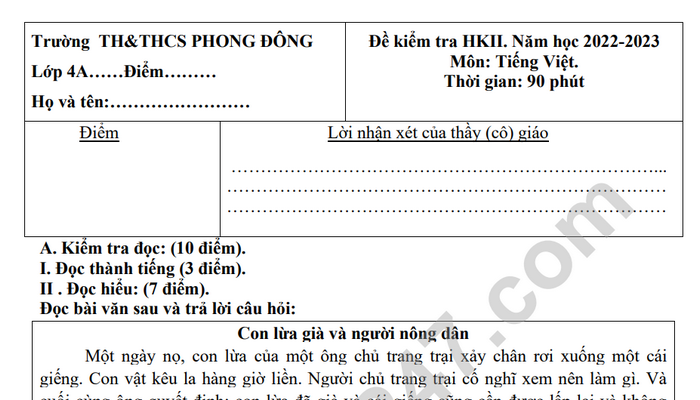 Đề thi cuối kì 2 lớp 4 2023 môn Tiếng Việt - TH&THCS Phong Đông