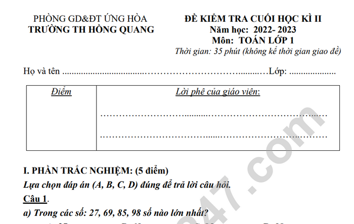 Đề thi kì 2 môn Toán lớp 1 TH Hồng Quang 2023 (Có đáp án)