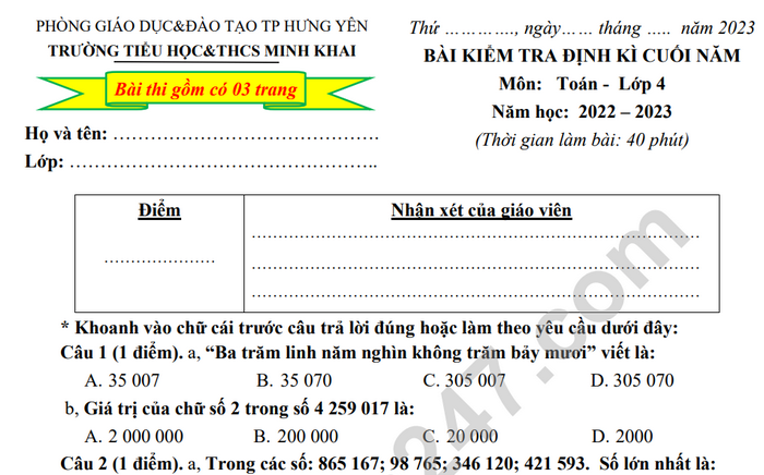 Đề thi học kì 2 môn Toán lớp 4 - TH&THCS Minh Khai năm 2023 (Có đáp án)