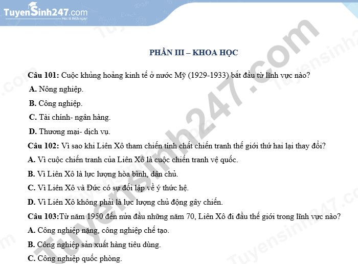 Đề 3 - thi thử đánh giá năng lực ĐHQGHN phần Khoa học