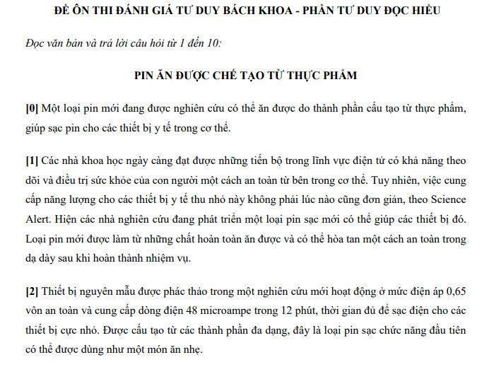 Đề thi thử đánh giá tư duy Bách khoa số 4 - phần Tư duy Đọc hiểu