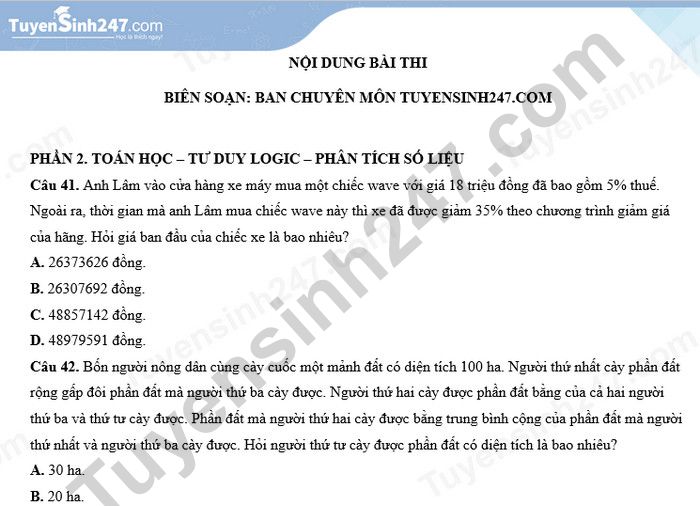 Đề thi thử ĐGNL ĐHQG-HCM phần Toán, tư duy logic, phân tích số liệu - Đề 1