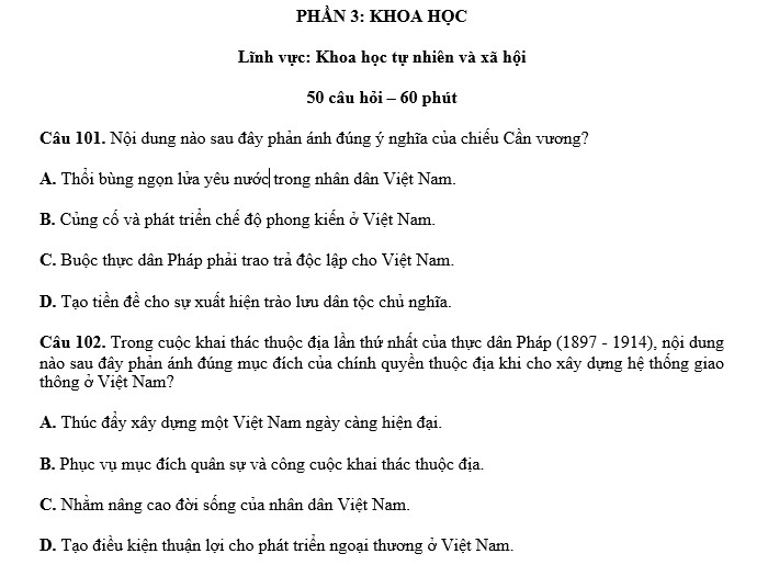 Đề thi thử đánh giá năng lực Hà Nội - Phần Khoa học (số 4)