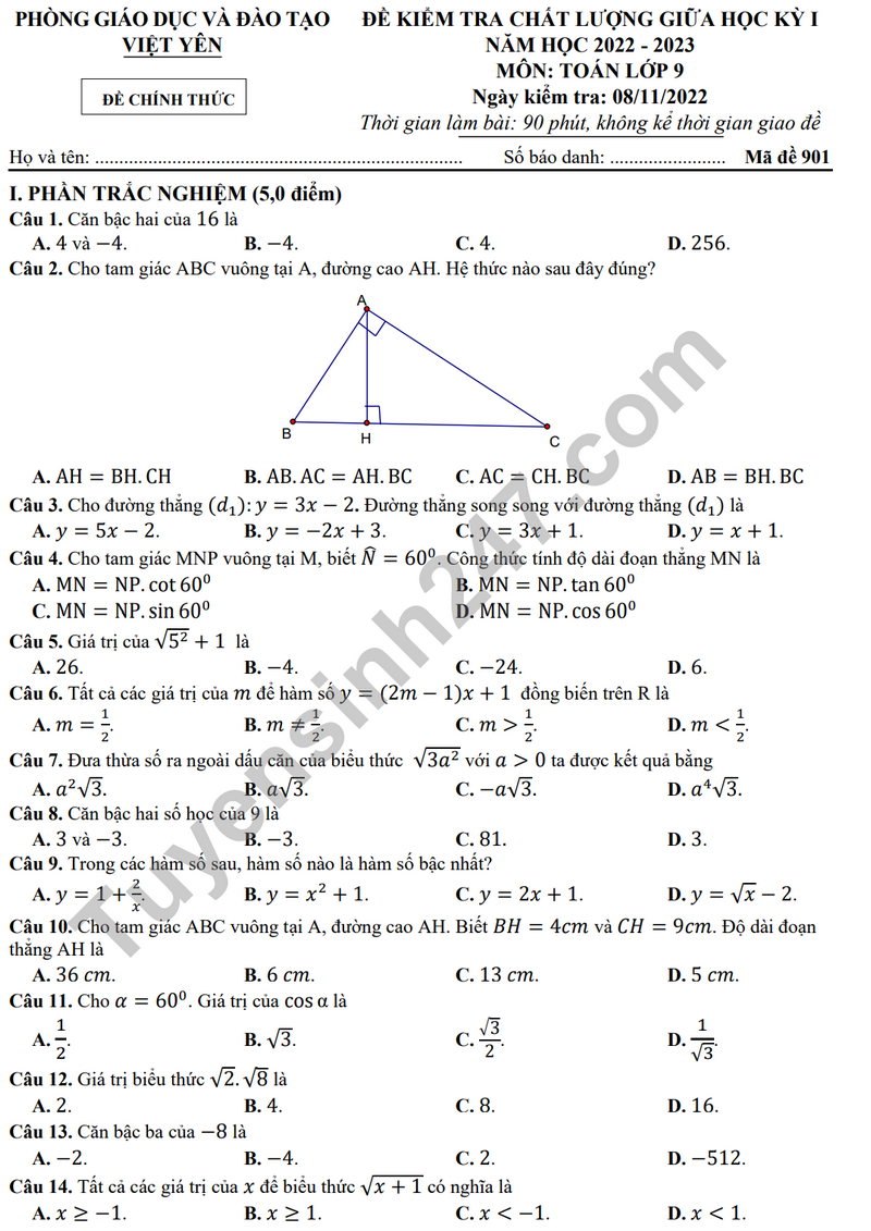 Đề thi giữa kì 1 lớp 9 môn Toán - Phòng GD Việt Yên 2023