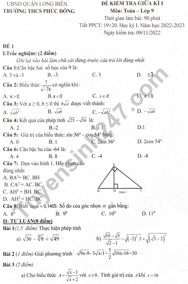 Đề thi giữa học kì 1 lớp 9 môn Toán năm 2023 - THCS Phúc Đồng
