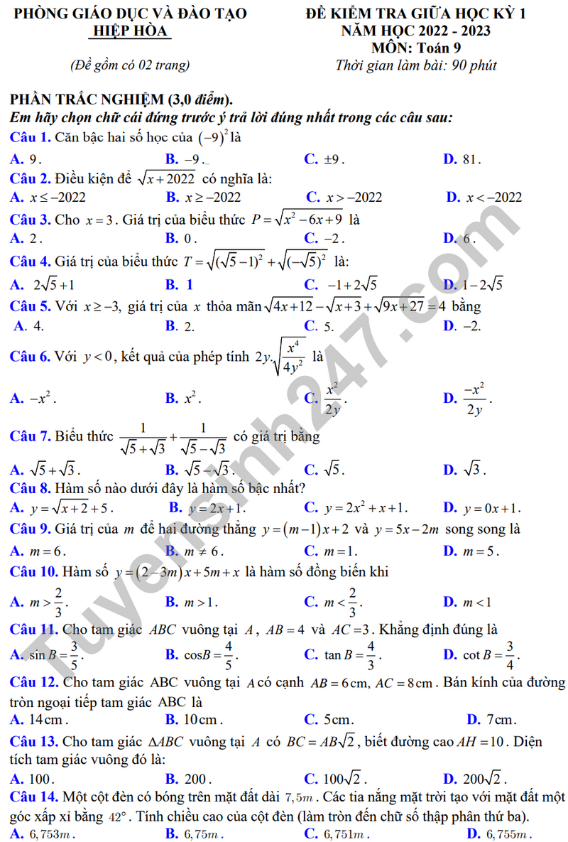 Đề thi giữa học kì 1 môn Toán 9 năm 2023 - Phòng GD Hiệp Hòa
