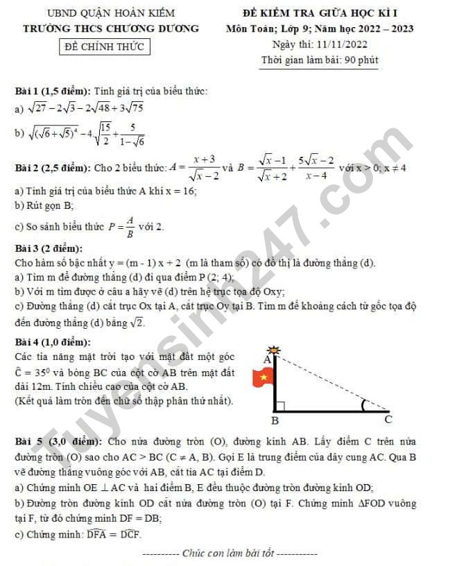 Đề thi GK1 môn Toán lớp 9 năm 2022 - THCS Chương Dương (Có đáp án)