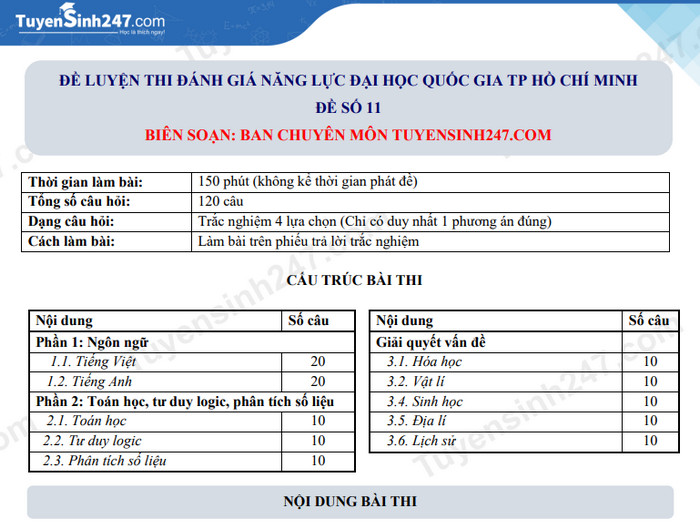 Đề ôn thi đánh giá năng lực Đại học Quốc gia TPHCM có đáp án (Đề 11)