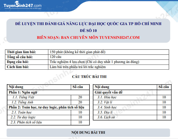 Đề luyện thi đánh giá năng lực HCM số 10 có đáp án