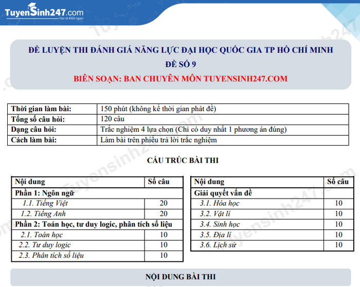 Đề 9 - luyện thi đánh giá năng lực Đại học Quốc gia TPHCM có đáp án