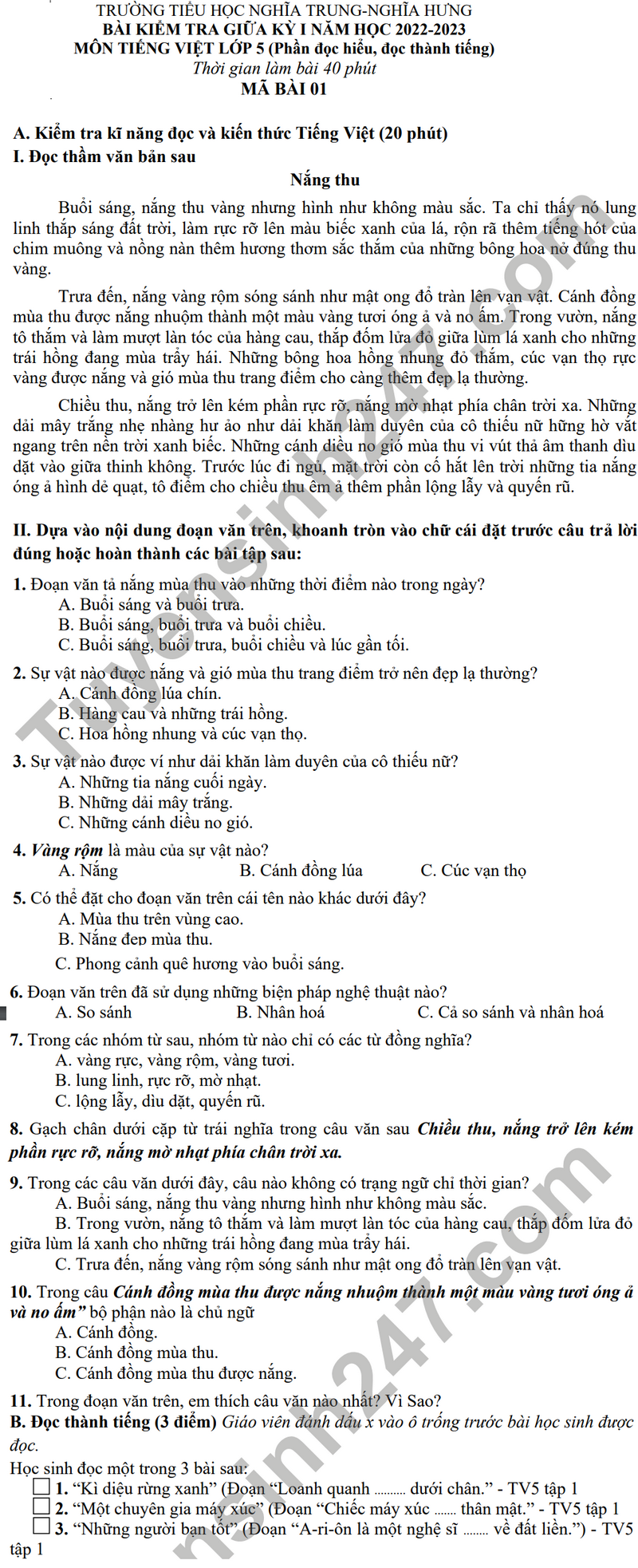 Đề thi giữa kì 1 lớp 5 môn Tiếng Việt 2023 - TH Nghĩa Trung