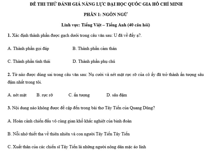 Đề ôn thi đánh giá năng lực ĐHQG TPHCM số 6 - phần Sử dụng ngôn ngữ