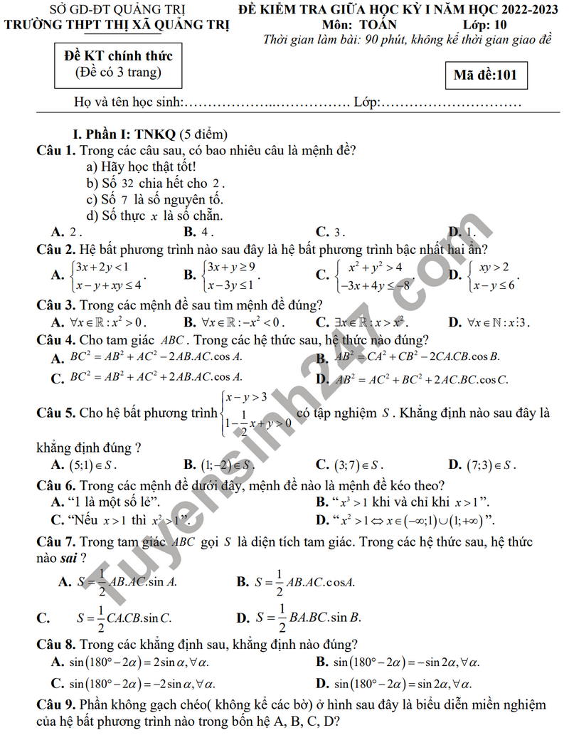 Đề thi giữa học kì 1 năm 2023 lớp 10 môn Toán - THPT thị xã Quảng Trị