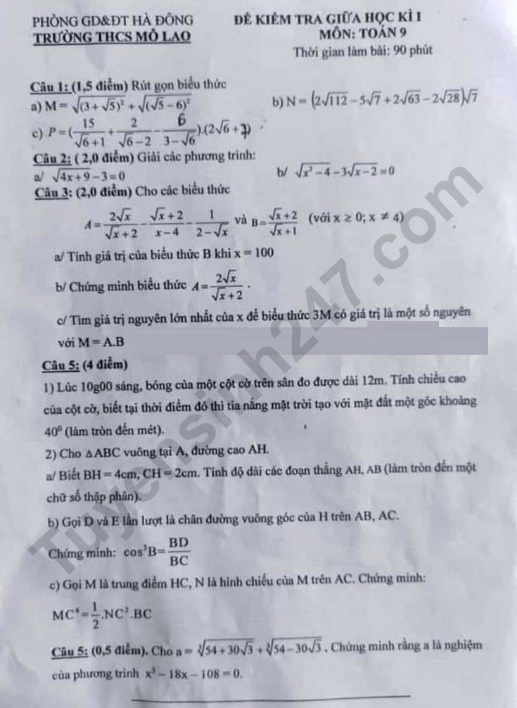 Đề thi giữa kì 1 môn Toán lớp 9 - THCS Mỗ Lao 2023