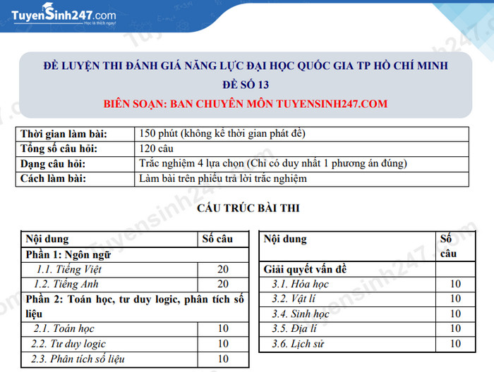 Đề thi thử đánh giá năng lực HCM có đáp án - Đề 13