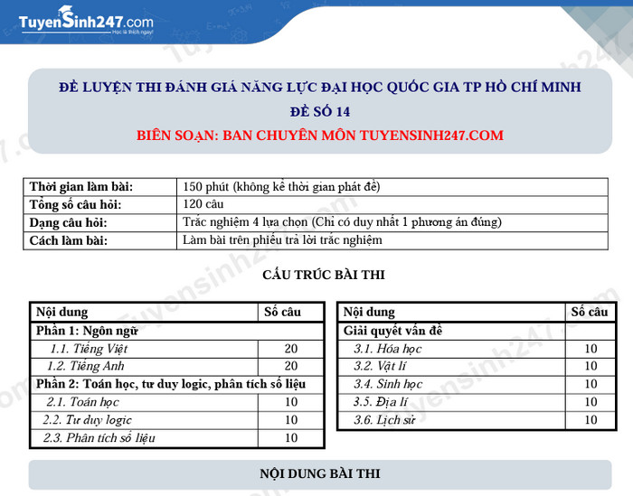 Đề luyện thi đánh giá năng lực Hồ Chí Minh số 14 - Có đáp án