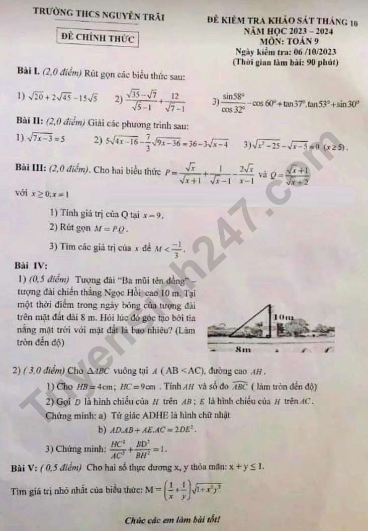 Đề thi khảo sát tháng 10 môn Toán lớp 9 năm 2023 - THCS Nguyễn Trãi