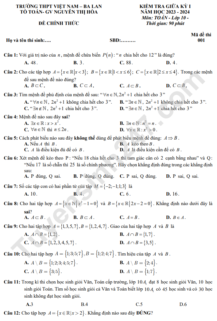Đề giữa kì 1 môn Toán lớp 10 năm 2023 - THPT Việt Nam - Ba Lan