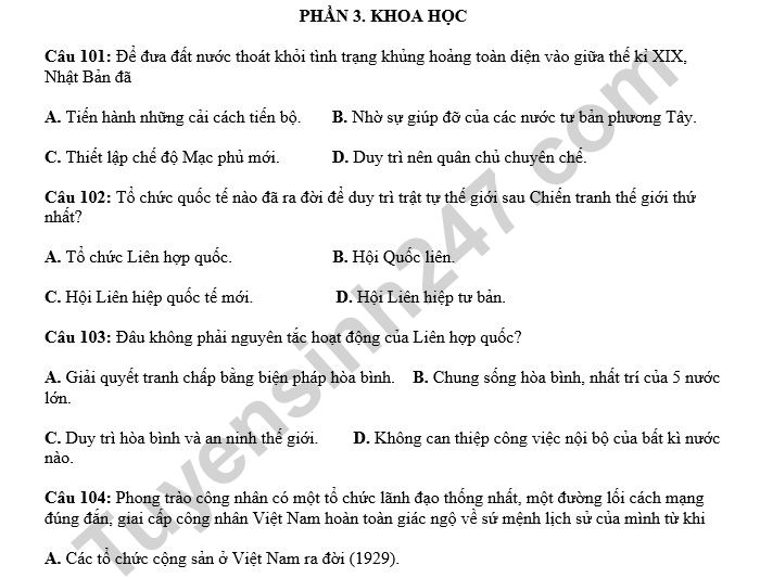 Đề ôn thi đánh giá năng lực ĐHQGHN số 5 - Phần Khoa học