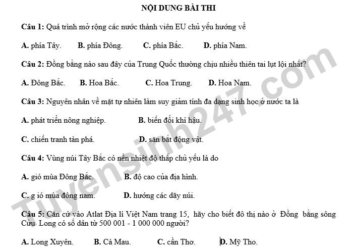 Đề ôn thi đánh giá năng lực ĐHQG Hà Nội phần Khoa học (số 6)