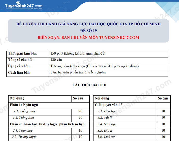 Đề luyện thi đánh giá năng lực HCM số 19 có đáp án