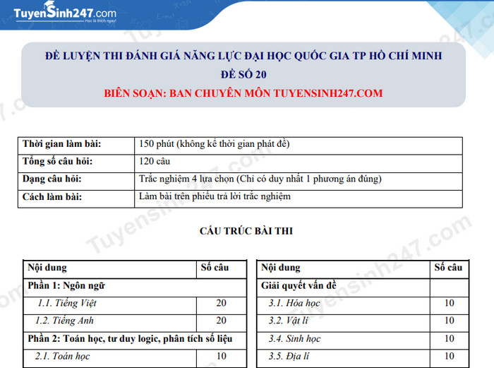 Đề thi thử đánh giá năng lực ĐHQG-HCM có đáp án - đề 20