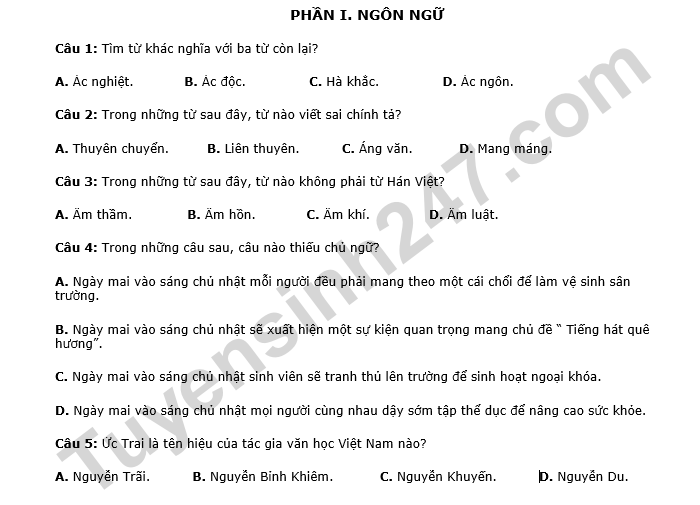 Đề ôn thi đánh giá năng lực ĐHQG-HCM phần Ngôn ngữ (số 9)