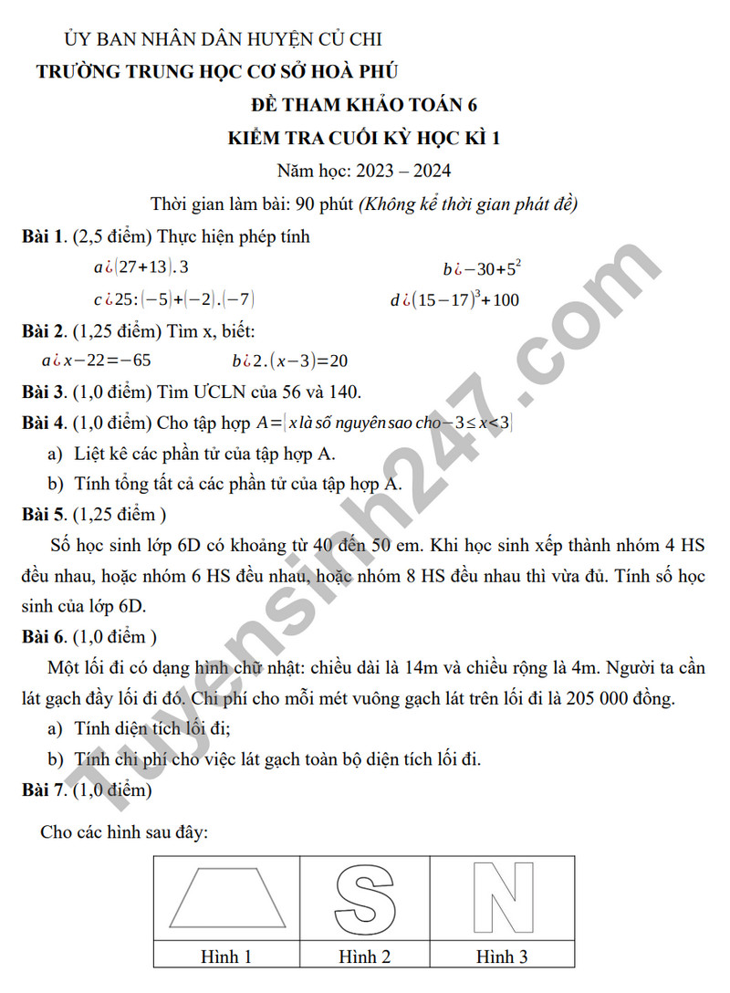 Đề tham khảo cuối kì 1 môn Toán lớp 6 - THCS Hòa Phú 2023