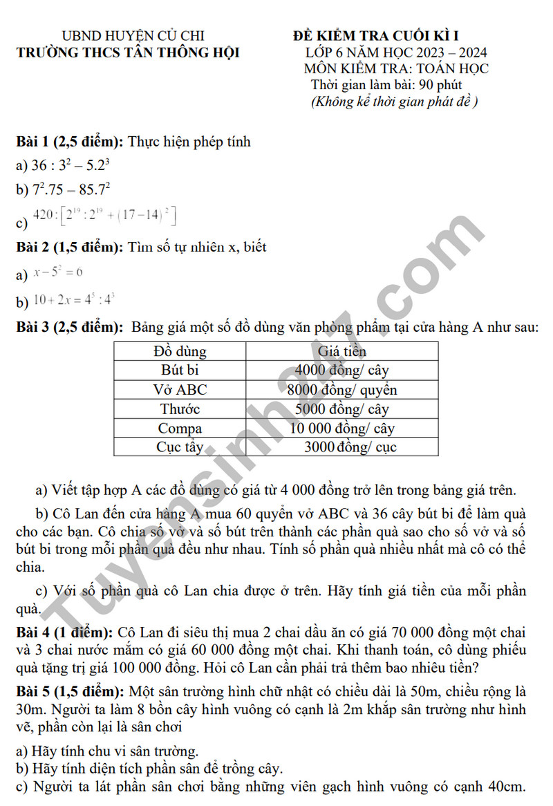 Đề tham khảo cuối kì 1 môn Toán lớp 6 - THCS Tân Thông Hội 2023