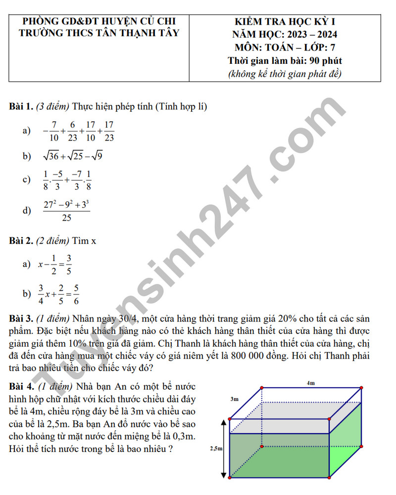 Đề tham khảo kì 1 môn Toán lớp 7 - THCS Tân Thạnh Tây 2023