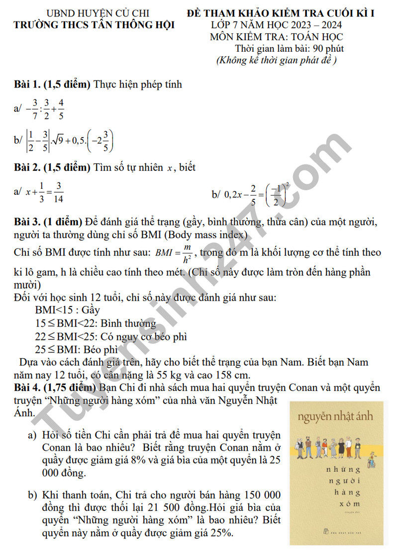 Đề tham khảo cuối kì 1  môn Toán lớp 7 - THCS Tân Thông Hội 2023