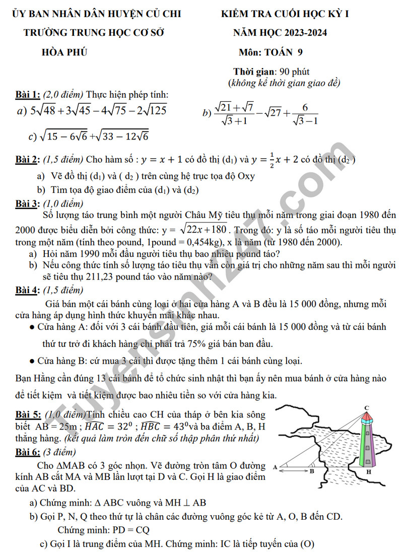 Đề tham khảo kì 1 môn Toán lớp 9 - THCS Hòa Phú 2023