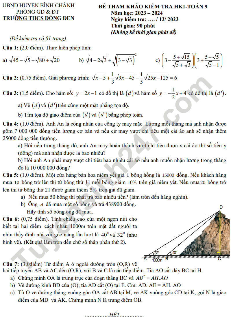 Đề thi tham khảo lớp 9 môn Toán 2023 - THCS Đồng Đen