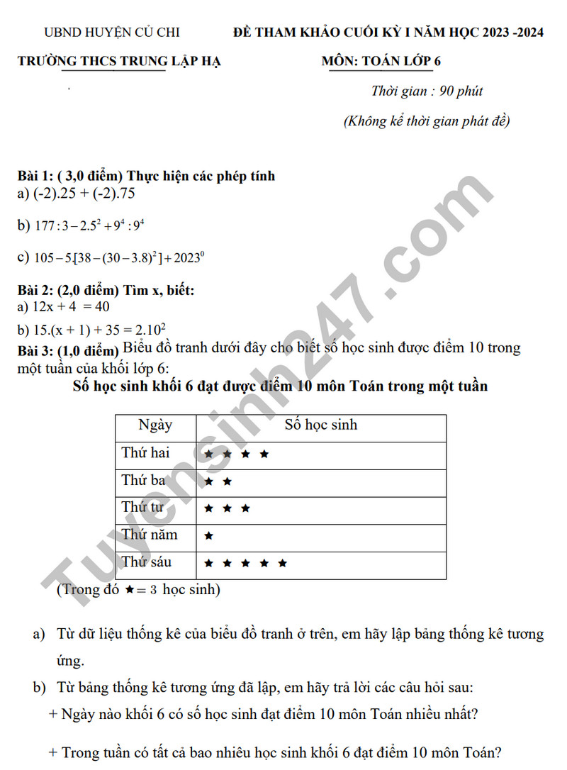 Đề tham khảo kì 1 năm 2023 môn Toán lớp 6 - THCS Trung Lập Hạ 