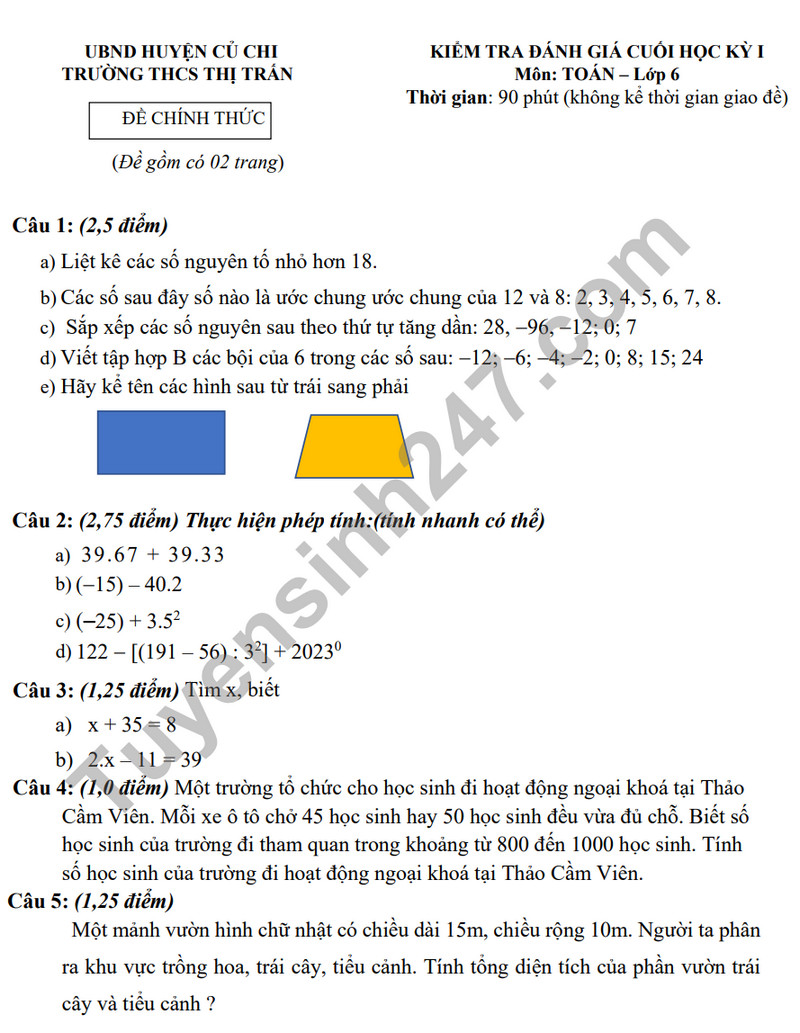 Đề tham khảo kì 1 môn Toán lớp 6 - THCS Thị trấn Củ Chi 2023