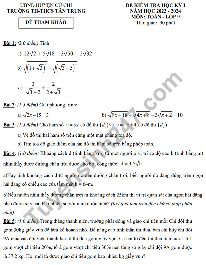 Đề tham khảo kì 1 năm 2023 môn Toán lớp 9 - TH&THCS Tân Trung 