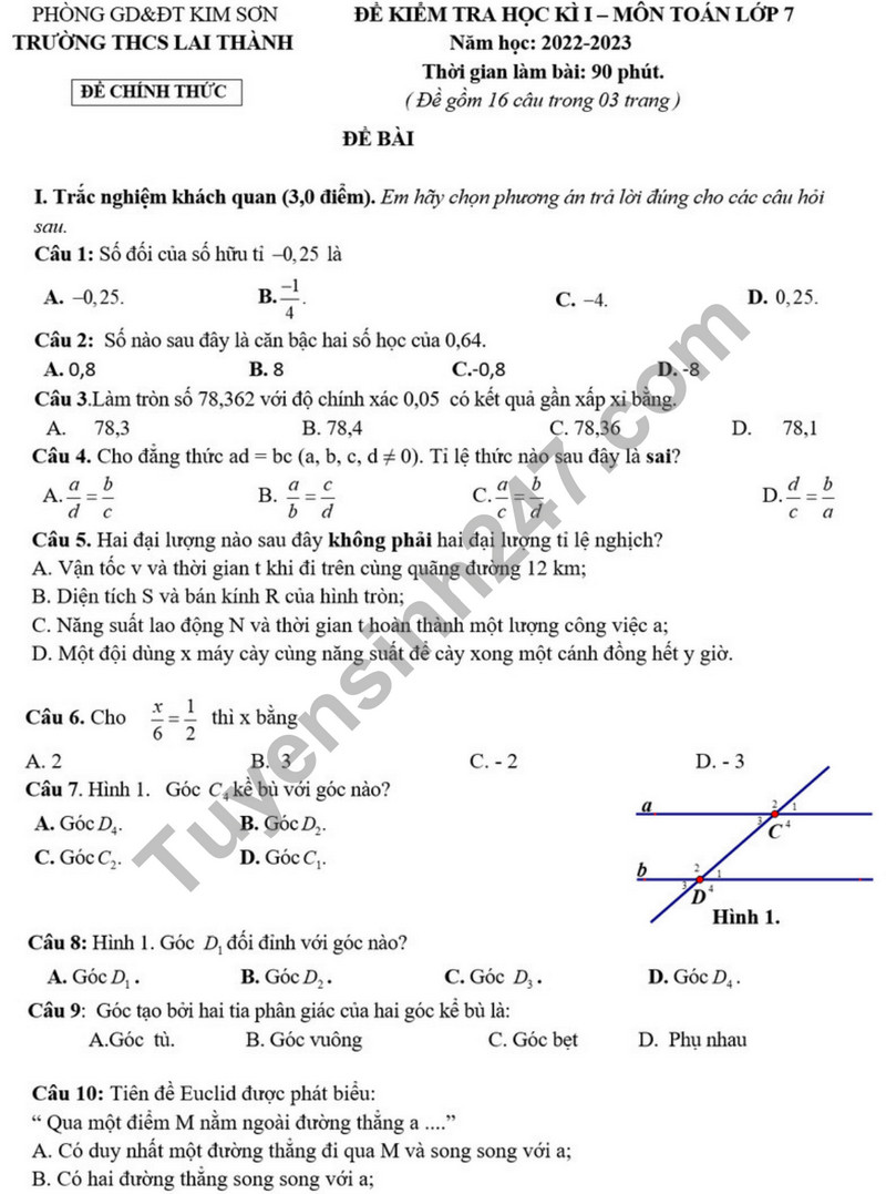 Đề thi kì 1 năm 2023 môn Toán lớp 7 - THCS Lai Thành 