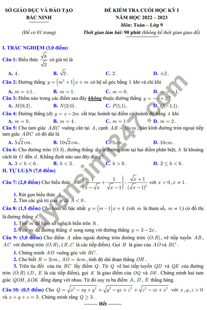 Đề thi kì 1 môn Toán lớp 9 - Sở GD Bắc Ninh 2023