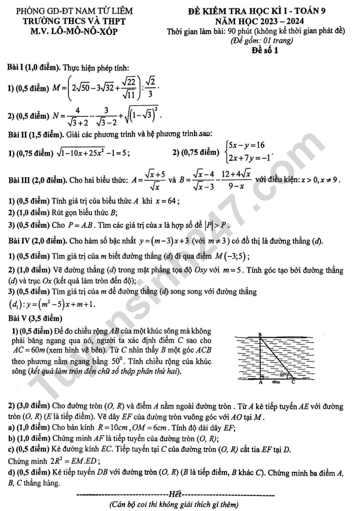 Đề thi kì 1 môn Toán lớp 9 năm 2023 (Có đáp án) - THCS THPT Lômônôxốp
