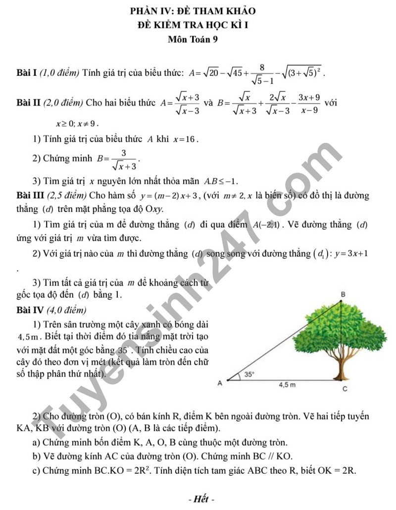 Đề tham khảo kì 1 năm 2023 môn Toán lớp 9 - THCS Hoàng Hoa Thám