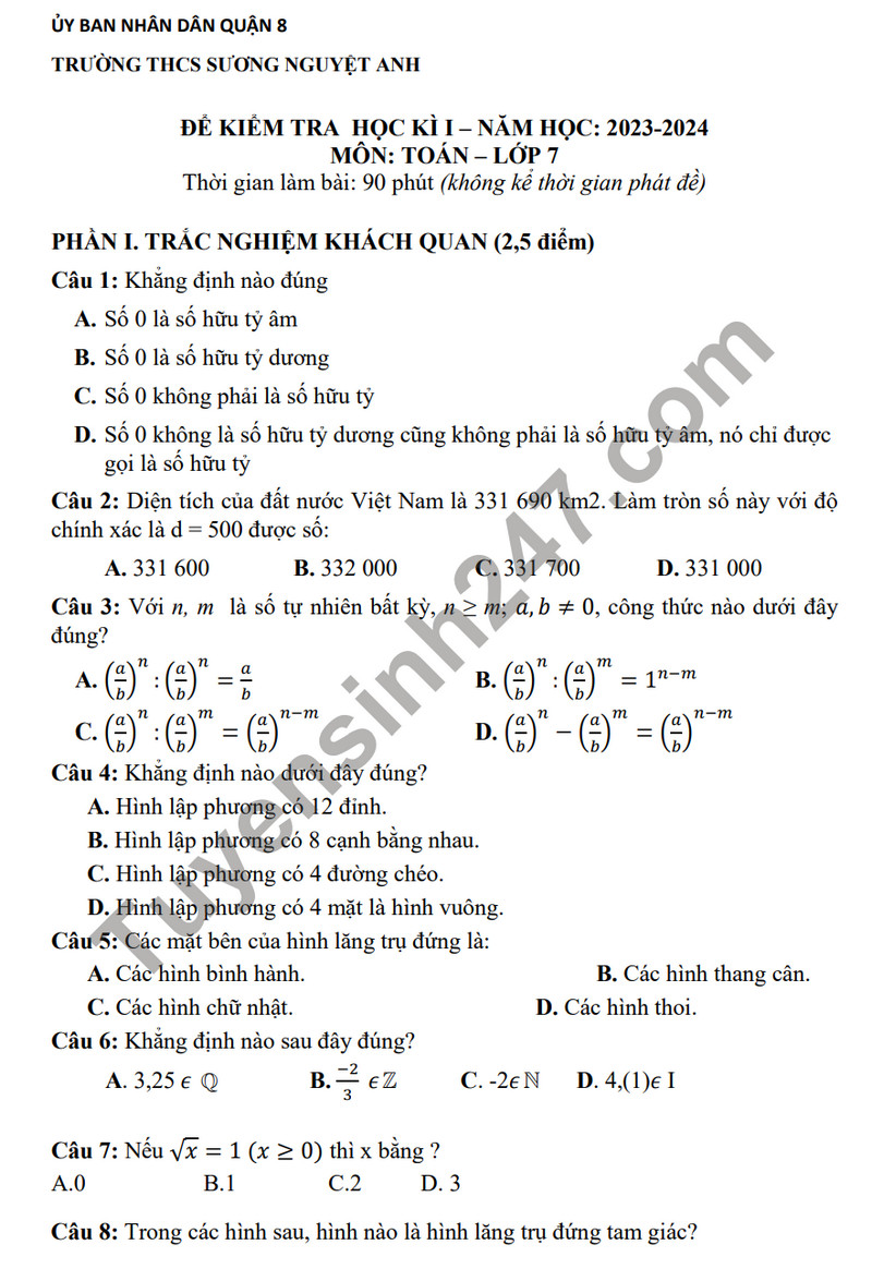 Đề tham khảo kì 1 môn Toán lớp 7 - THCS Sương Nguyệt Anh 2023