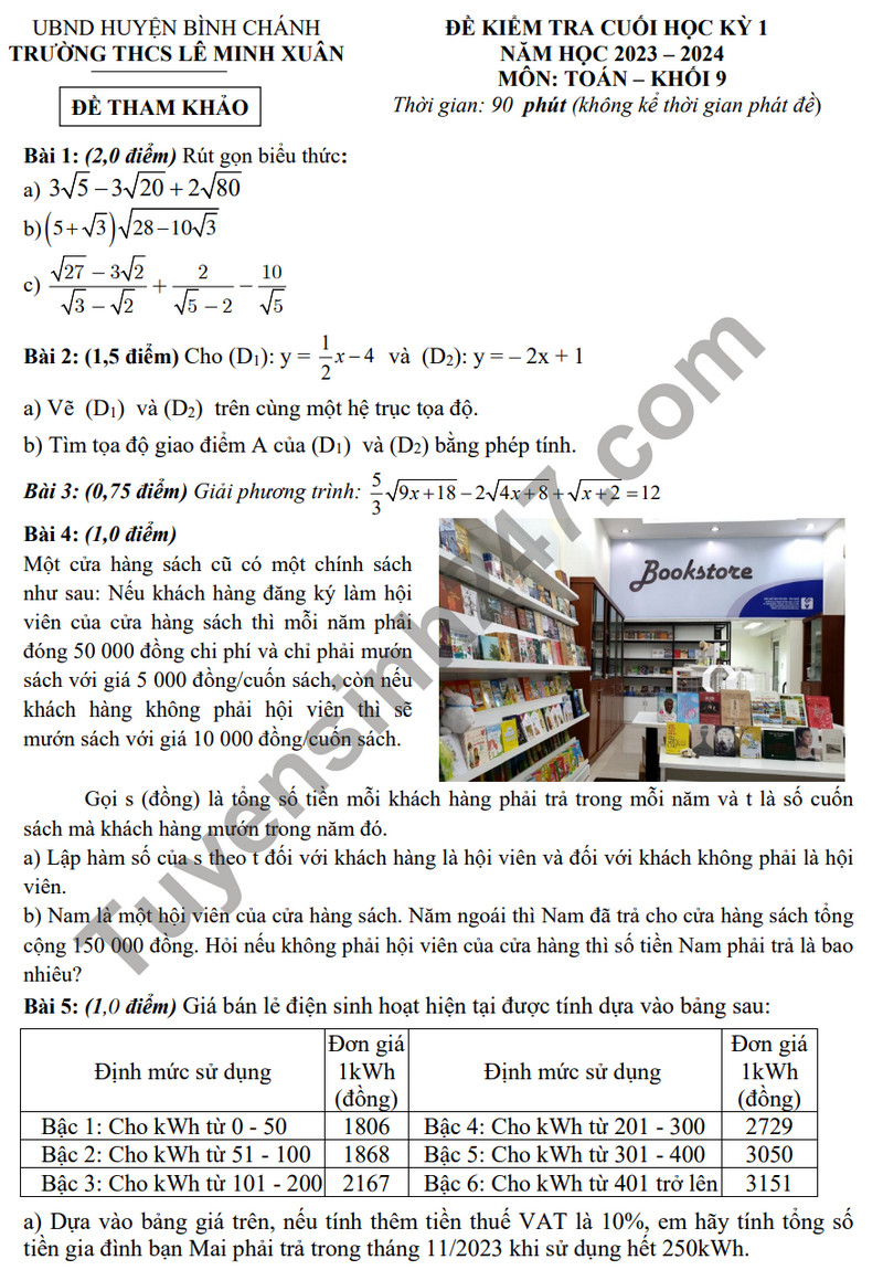 Đề tham khảo kì 1 môn Toán lớp 9 năm 2023 - THCS Lê Minh Xuân 