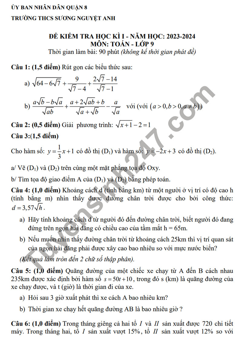 Đề tham khảo kì 1 môn Toán lớp 9 năm 2023 - THCS Sương Nguyệt Anh 