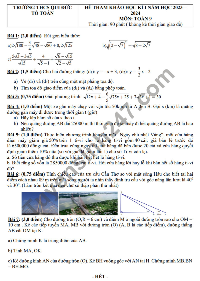 Đề tham khảo kì 1 năm 2023 môn Toán lớp 9 - THCS Qui Đức