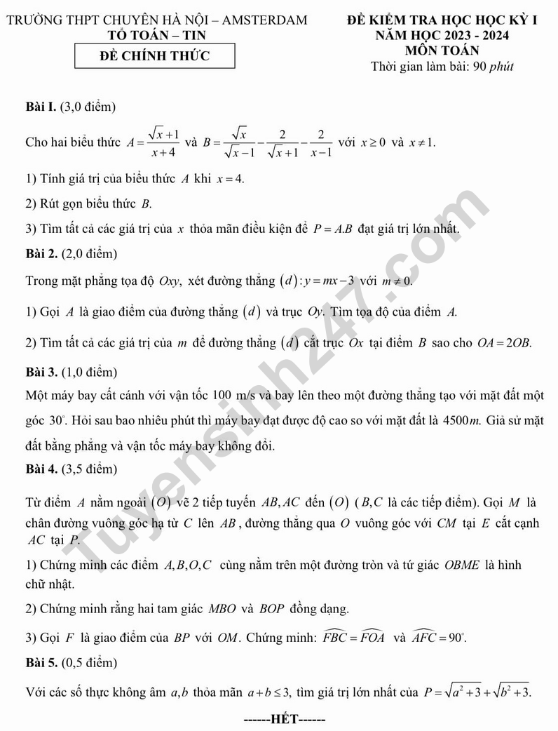 Đề thi kì 1 môn Toán lớp 9 - Chuyên Amsterdam 2023