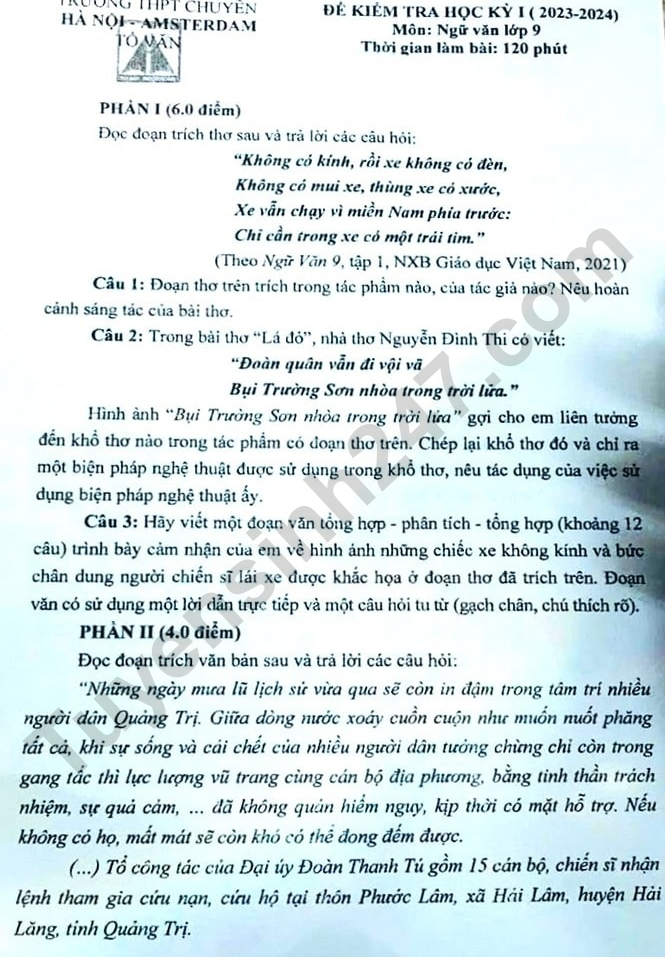 Đề thi kì 1 môn Văn lớp 9 năm 2023 - 2024 THPT Chuyên HN Amsterdam