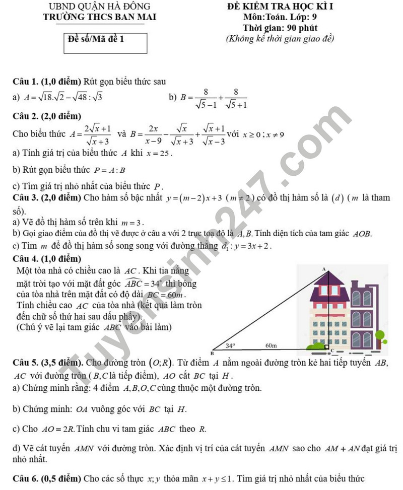 Đề thi học kì 1 môn Toán lớp 9 năm 2023 - THCS Ban Mai 