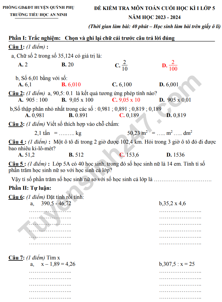 Đề thi kì 1 lớp 5 môn Toán 2023 - TH An Ninh (Có đáp án)
